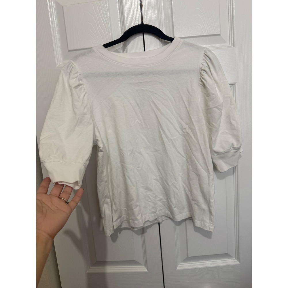 FRAME Women's L White Organic Cotton Puff Sleeve Crew Neck Top